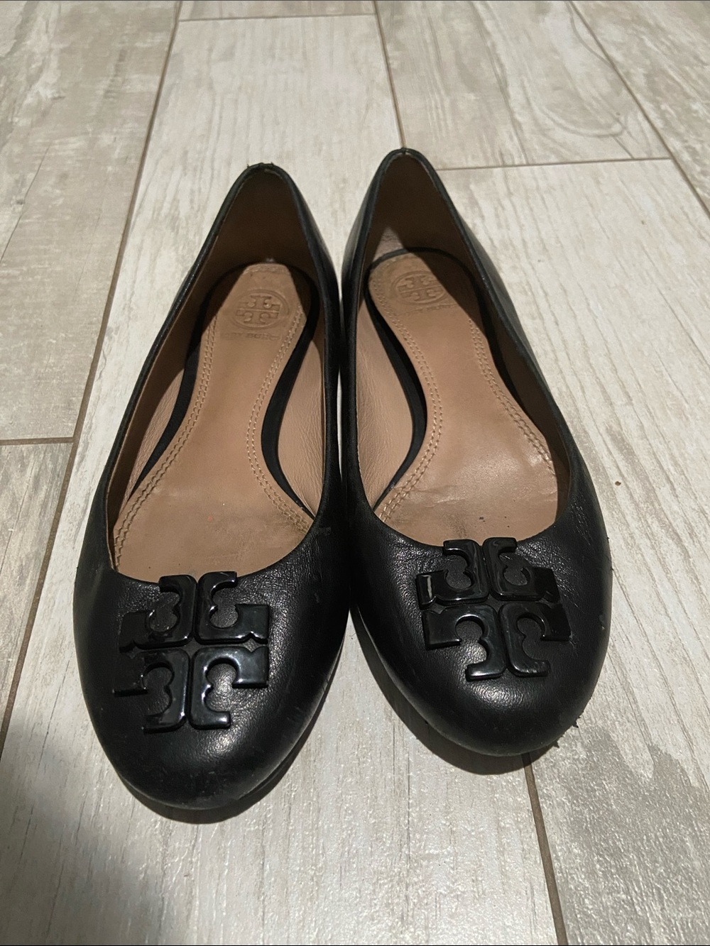 Tory Burch Black Leather Logo Ballet Flats